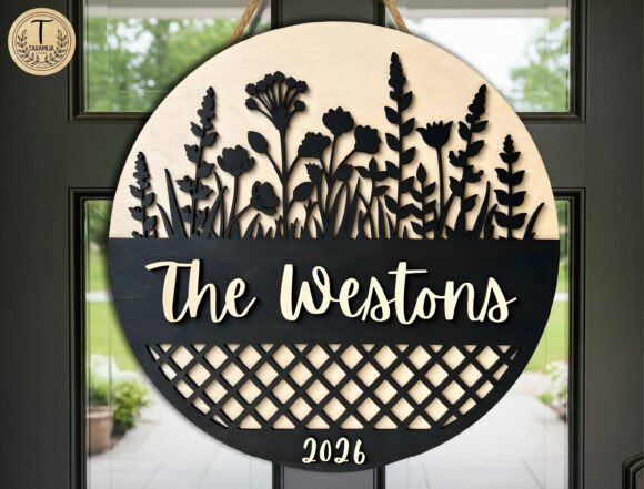 Elegant Layered Wildflower Round Door Sign SVG